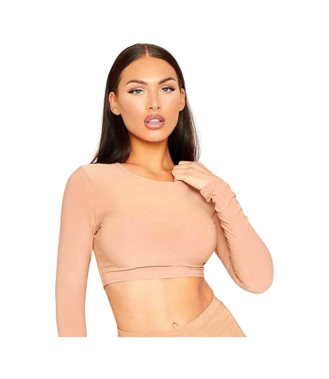 Womens/ladies Crew Neck Long-sleeved Crop Top Camel Missy Empire-2