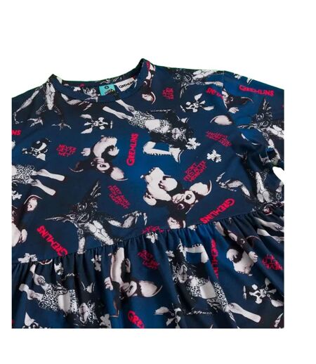 Womens/ladies Smoky All-over Print Smock Dress Navy Gremlins
