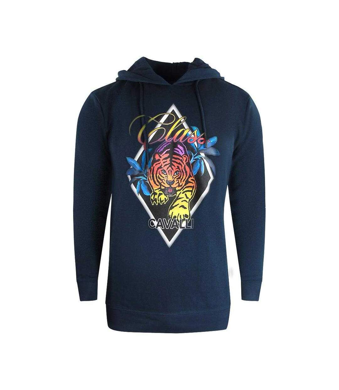 Mens Diamond Tiger Hoodie Navy Blue Cavalli Class-1