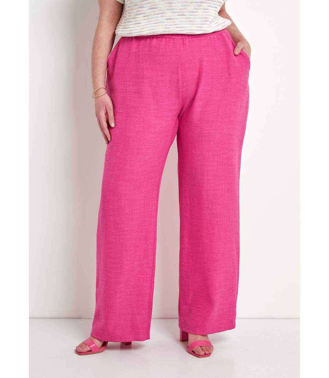 Pantalon large taille élastiquée aspect lin-1