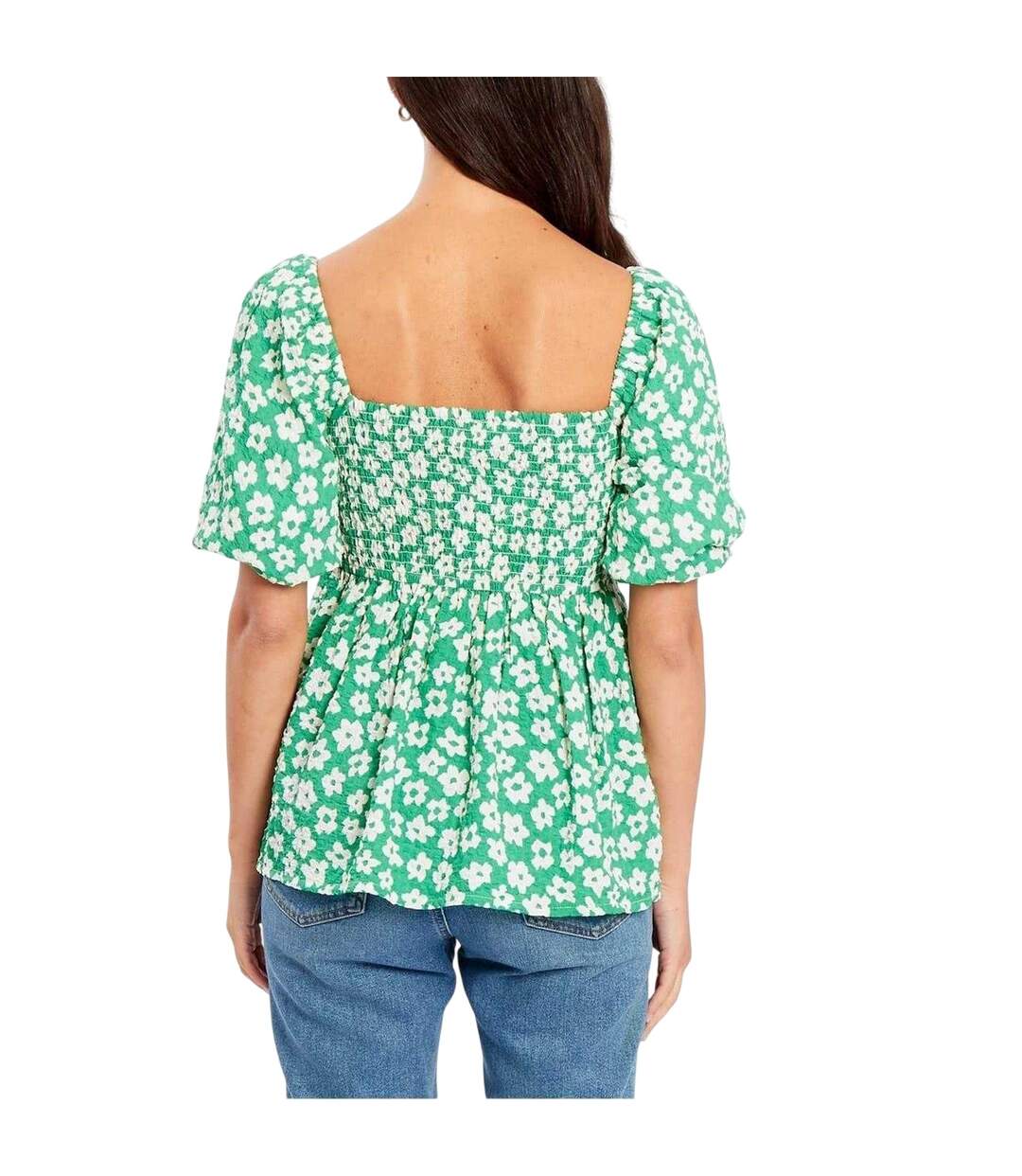 Womens/ladies Waffle Square Neck Puff Sleeve Blouse Green White Be You-3