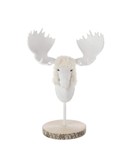 Tête d'Élan sur Socle Imitation Fourrure 49cm Écru