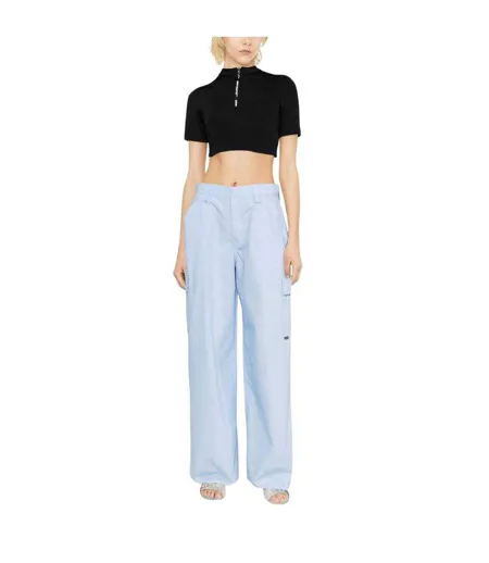 Womens/ladies Logo Half Zip Crop T-shirt Black Off-White