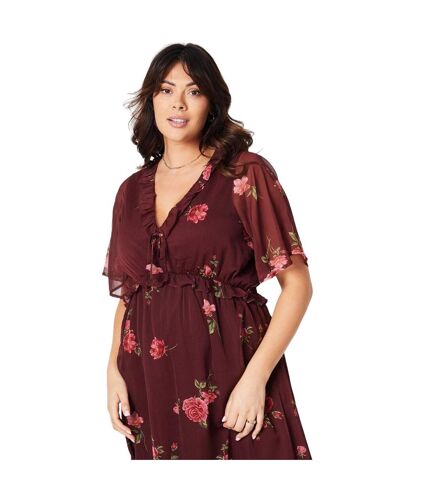 Womens/ladies floral chiffon frill plus midi dress maroon Dorothy Perkins