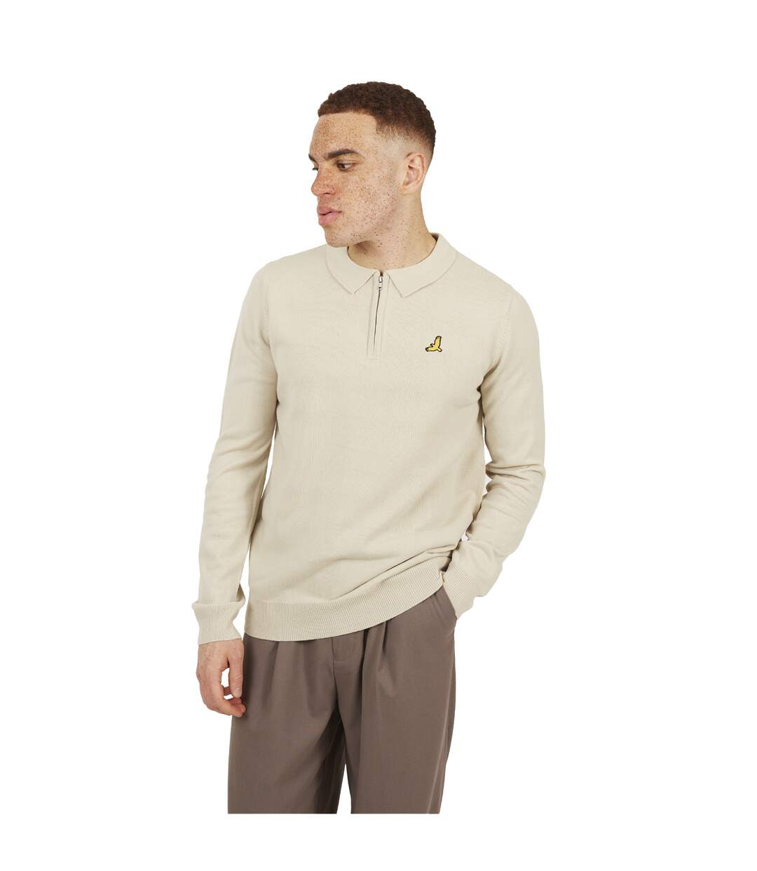 Mens Knitted Quarter Zip Long-sleeved Polo Shirt Oat Brave Soul-2