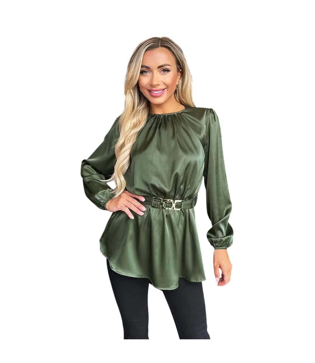 Womens/ladies Gold Detail Belted Long-sleeved Top Olive AX Paris-2