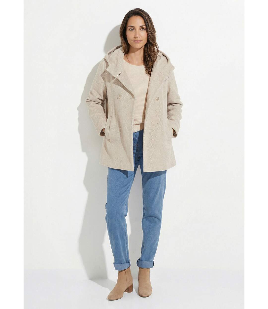 Veste manteau lainage tweed double boutonnage capuche-3