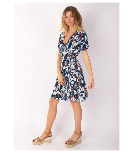 Robe courte cache cœur manches froncées LOUNA motif floral bleu Coton Du Monde