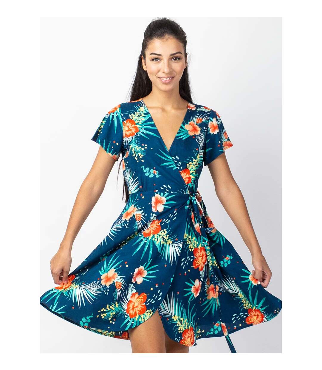 Robe courte MARIKA fluide cache-cœur imprimé fleurs tropicales Coton Du Monde-2