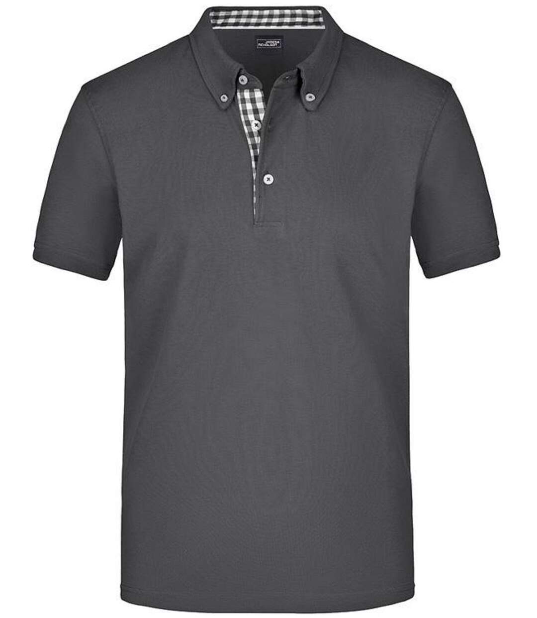 Polo inserts vichy HOMME JN964 - gris graphite col graphite-blanc