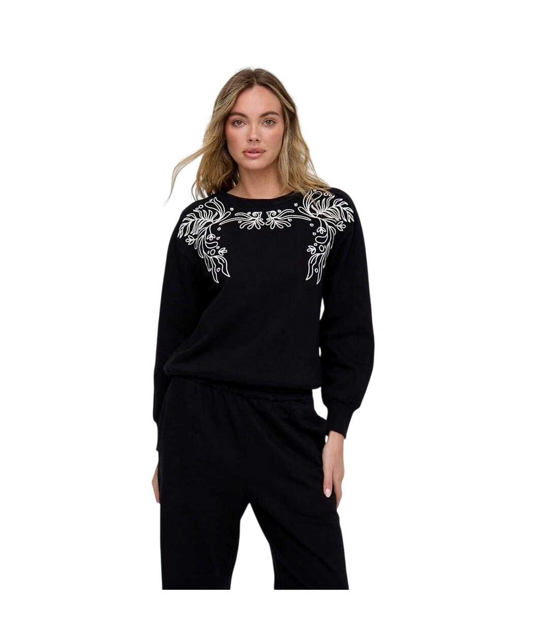 Womens/ladies Embroidered Crew Neck Long-sleeved Sweatshirt Black Raffya-2