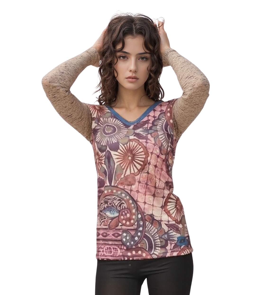 Tee-Shirt Chic pour Femme à  Manches Longues - Col V et Motifs Abstraits - Style Unique-1