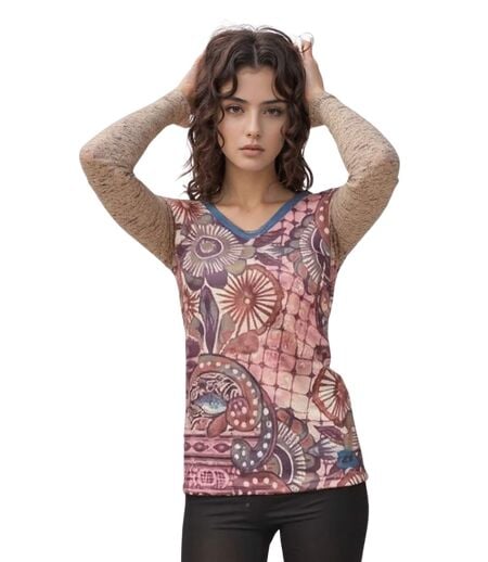 Tee-Shirt Chic pour Femme à  Manches Longues - Col V et Motifs Abstraits - Style Unique