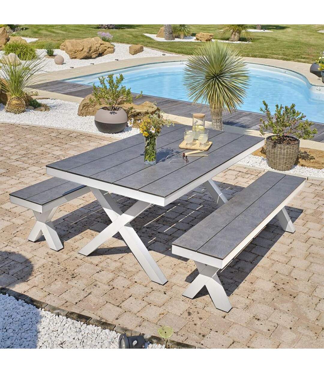 Table de Jardin & 2 Bancs Annecy 175cm Blanc-5