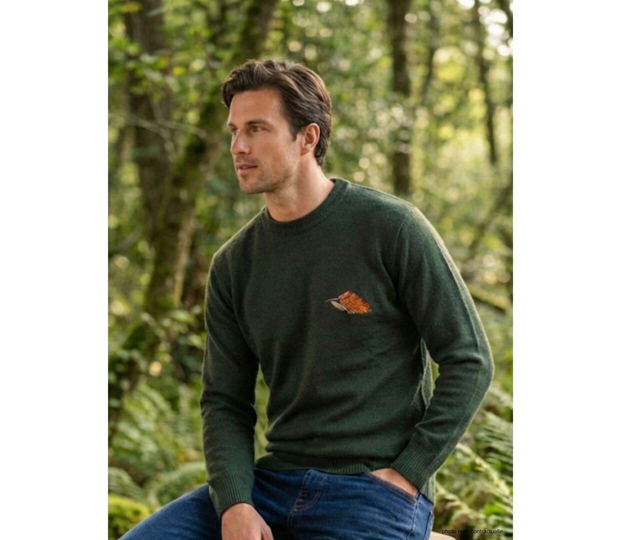 Pull Ras du Cou Homme Ledertys Kaki avec Broderie Bécasse-4