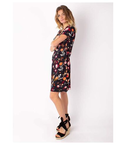 Robe courte fluide NATALIA manches courtes imprimé fleuri noir Coton Du Monde