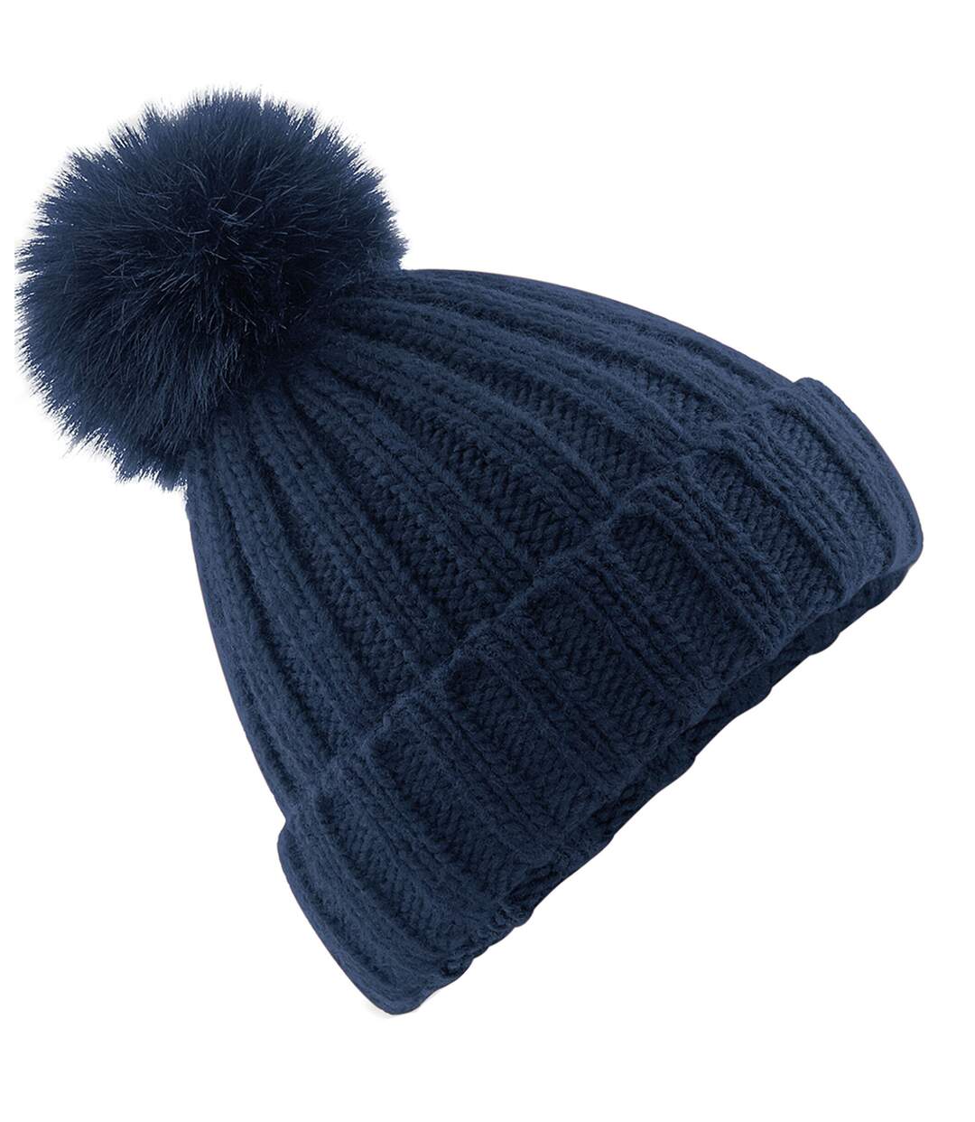 Unisex adult verbier faux fur pom pom beanie navy blue Beechfield-1