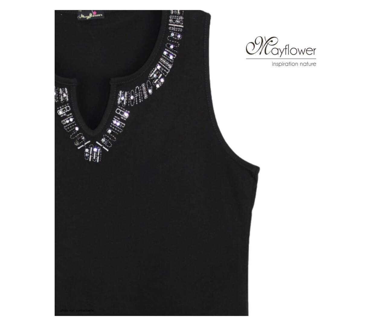 Débardeur femme MAYFLOWER REFAT : Tee-shirt sans manches noir en coton et col strass-4