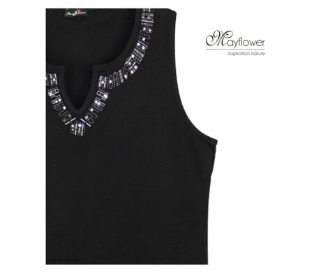 Débardeur femme MAYFLOWER REFAT : Tee-shirt sans manches noir en coton et col strass