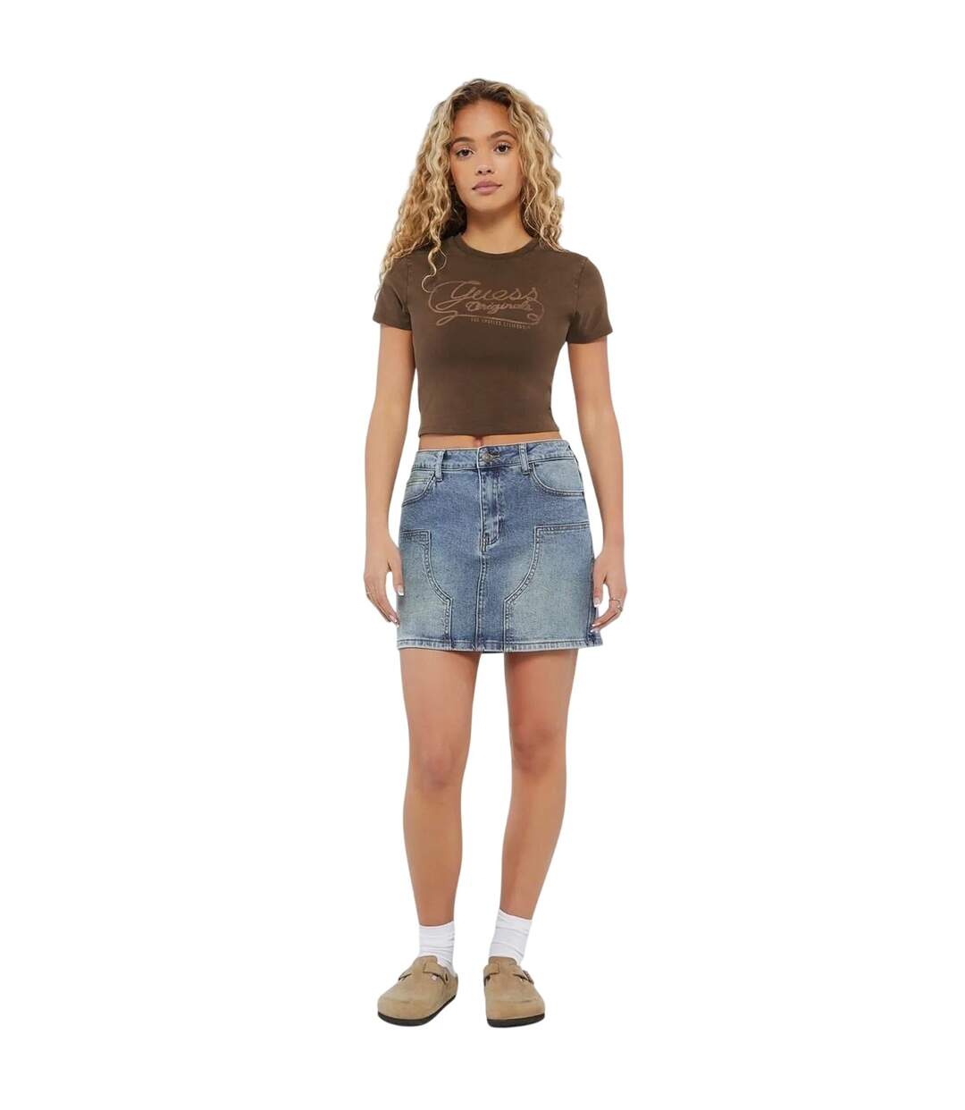Womens/ladies Panel Denim Mini Skirt Washed Blue Guess-1
