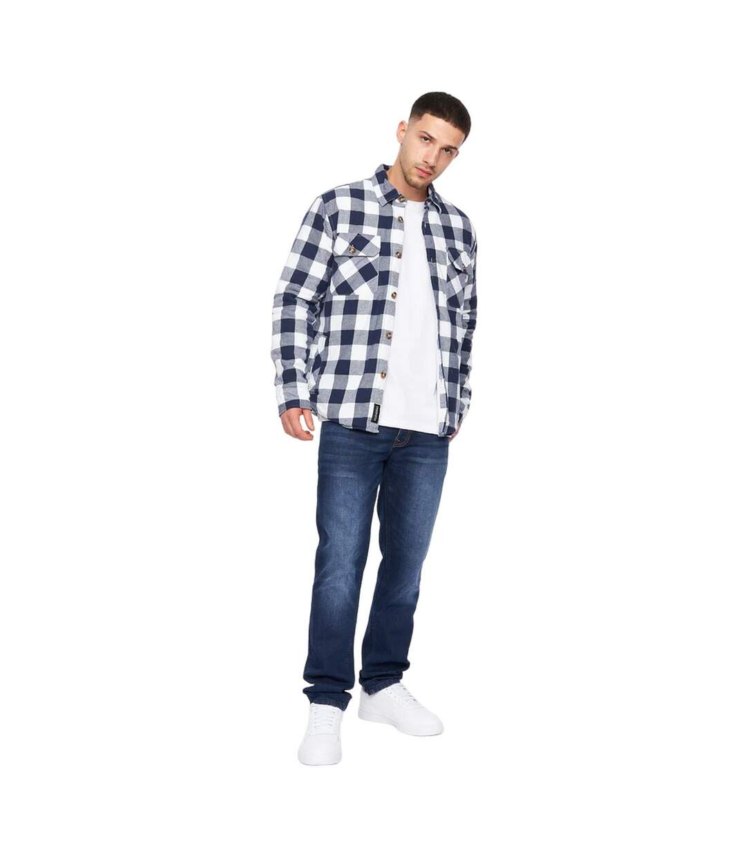 Mens demaro checked lined overshirt navy/white Crosshatch-3