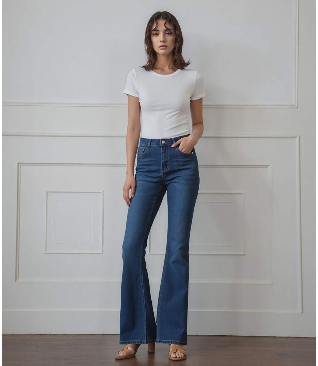 Jean femme évasé bleu - Taille haute - Coupe tendance incontournable - Grande taille-5