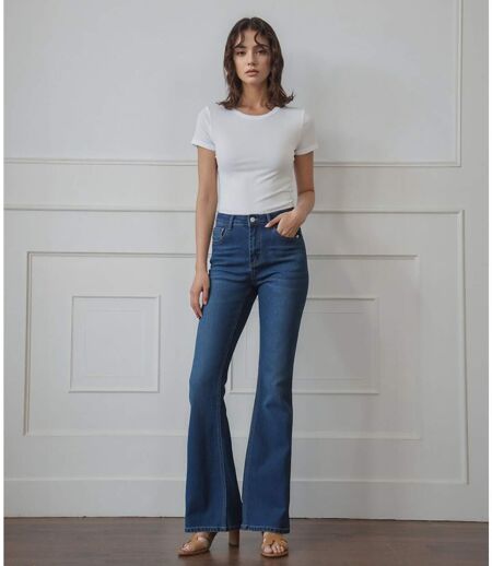 Jean femme évasé bleu - Taille haute - Coupe tendance incontournable - Grande taille