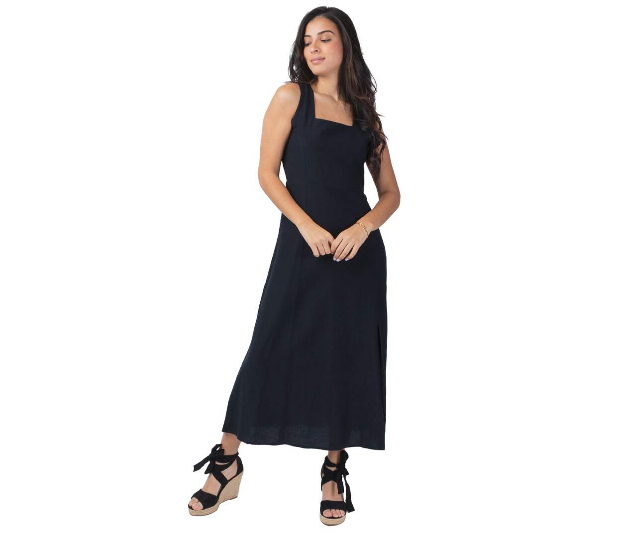 Robe longue féminine JULINE unie noire Coton Du Monde-1