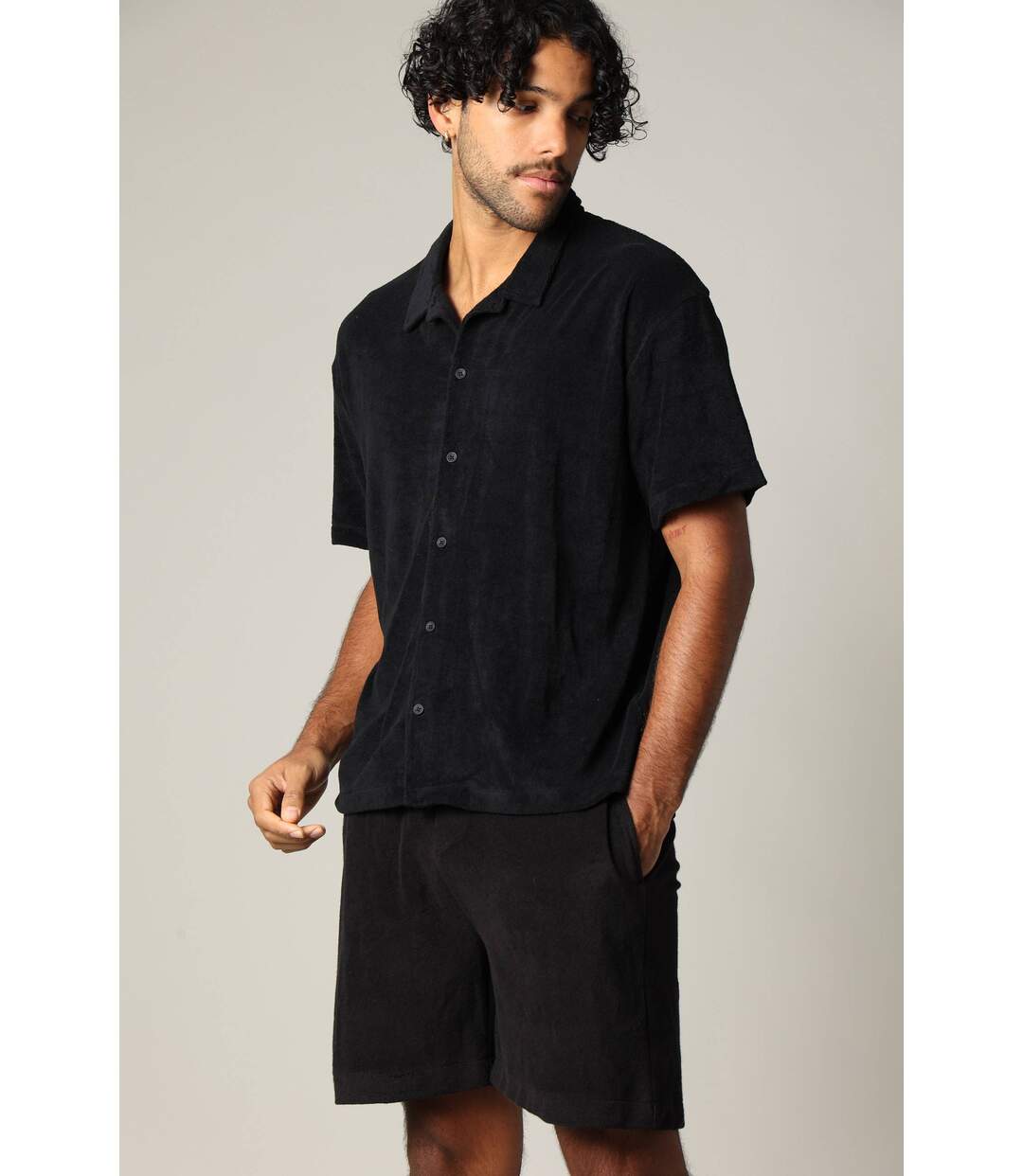 Chemise loose en éponge à manches courtes avec col cubain CREEKSON-2