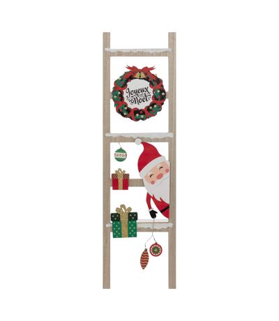 Pancarte échelle Joyeux Noël en bois avec Père Noël et couronne - H 65 cm