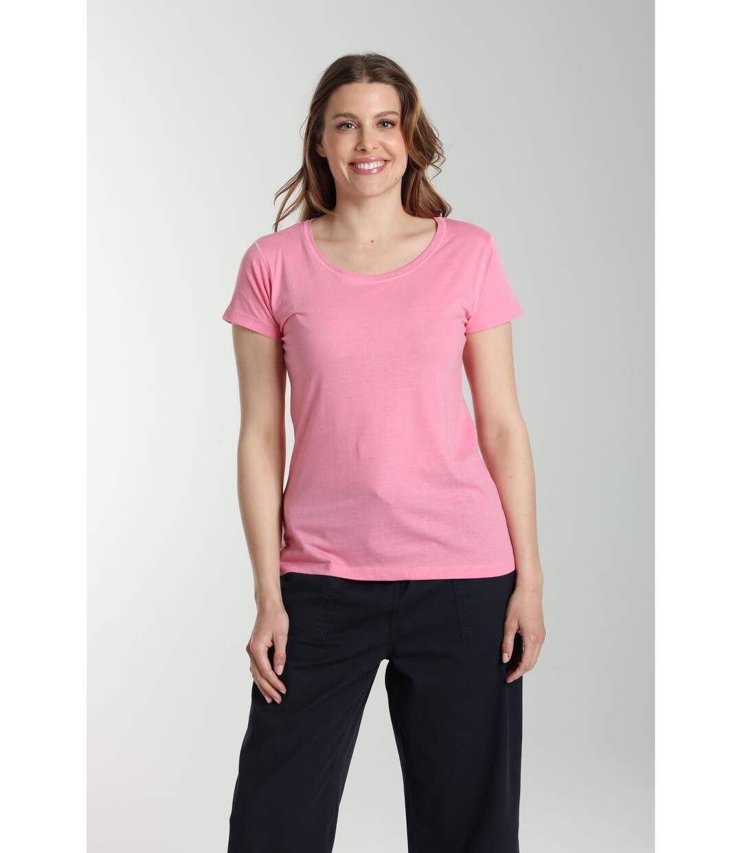 Tee Shirt Col Rond Manches Courtes Femme Marine Bubble Gum(fuschia) | Gerard Pasquier Avec Col Rond-1