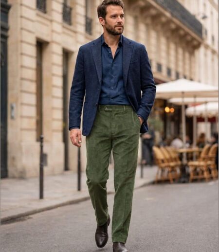 MAYFLOWER D373 — Pantalon velours extensible kaki : confort stretch et taille haute