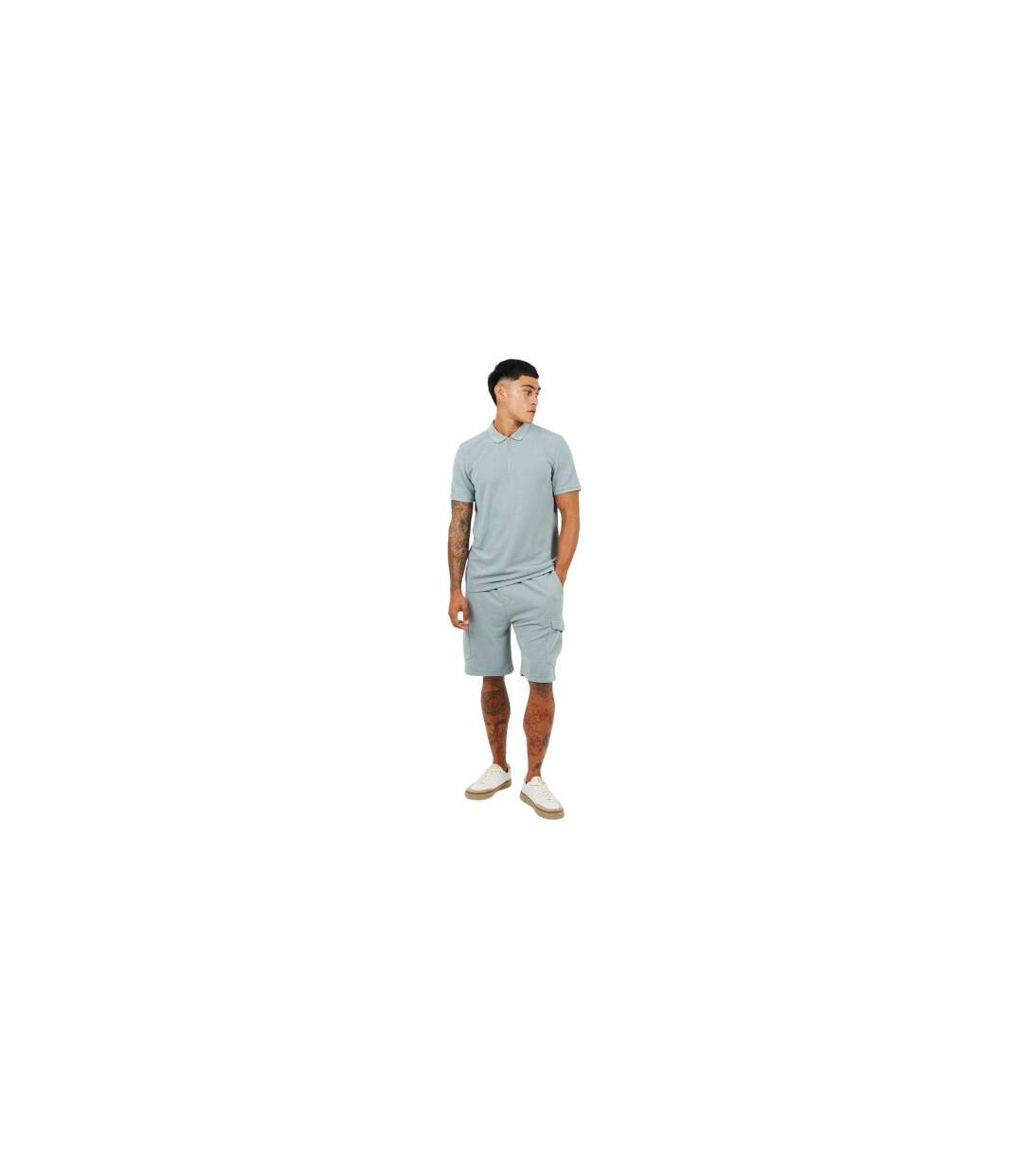 Mens Ribbed Quarter Zip Short-sleeved Polo Shirt Duck Egg Blue Brave Soul-1