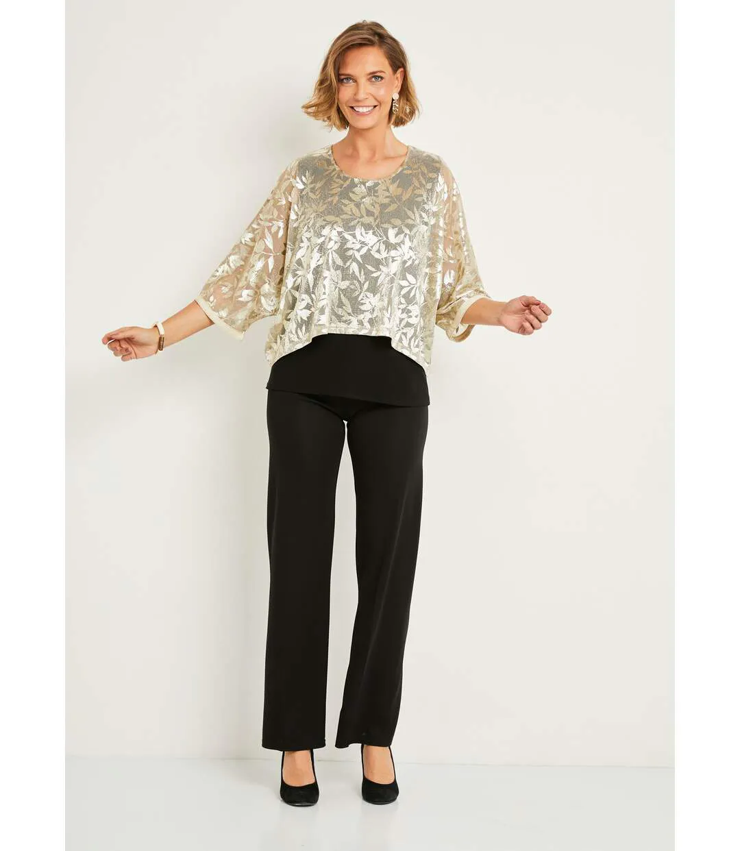 Top effet 2 en 1 maille unie voile jacquard irisé-3