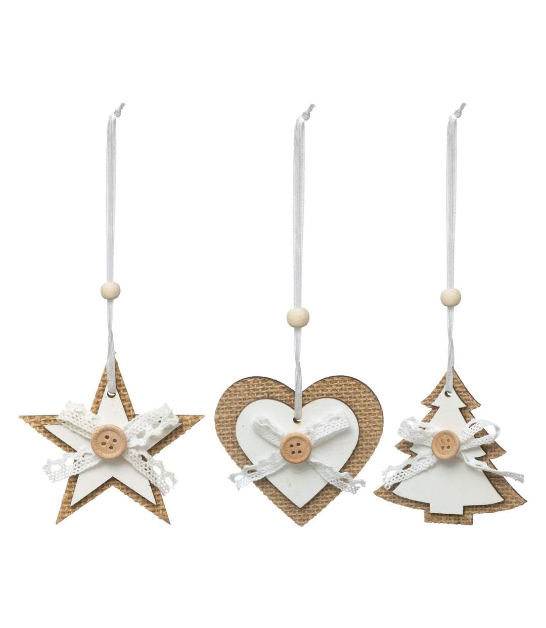3 Décorations sapin de Noël en bois Jeanne - Blanc-1