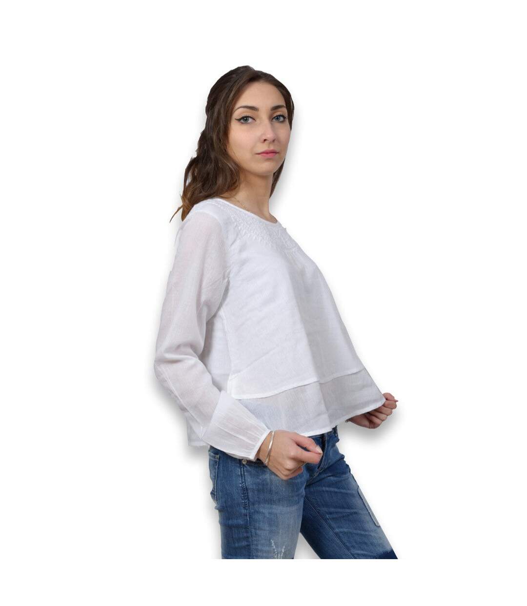 Blouse femme manches longues - Tunique une de couleur blanche-3