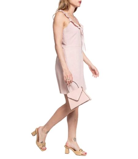 Robe courte en coton à  fines bretelles volantées - Couleur rose - Smocks au dos