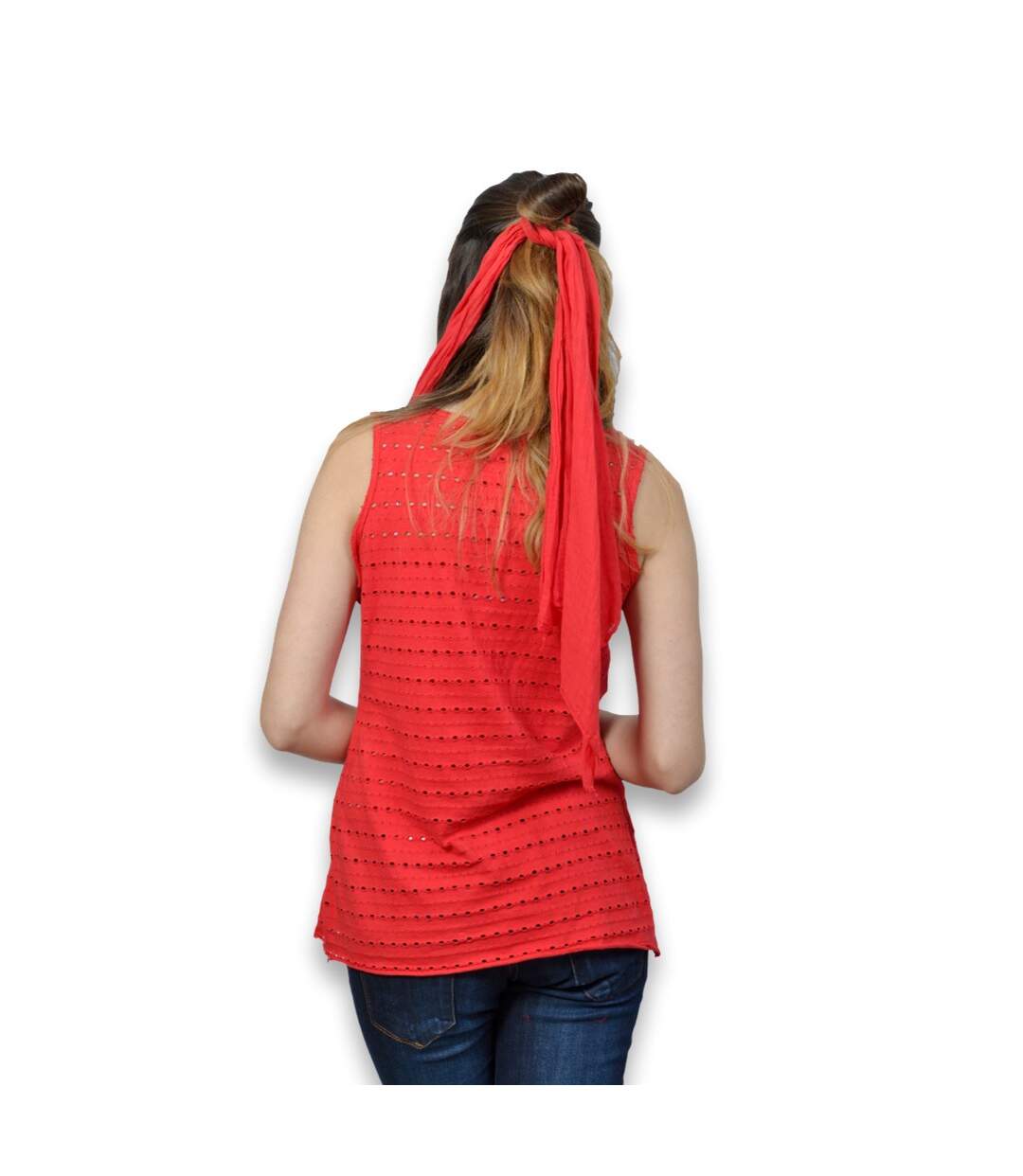 Débardeur femme sans manche de couleur rouge motifs abstraits devant-2