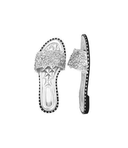 Womens/ladies Poppy Sparkle Diamante Wide Flat Sliders Silver Where´s That From