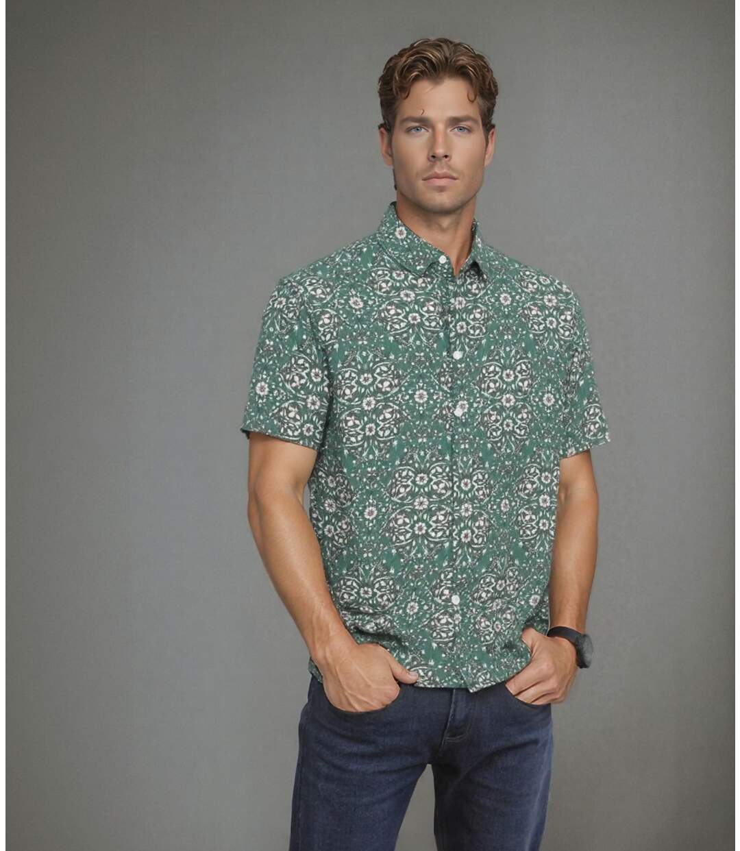 Chemise homme manches courtes à  motifs floraux verte en viscose, coupe ajustée, style décontracté-5