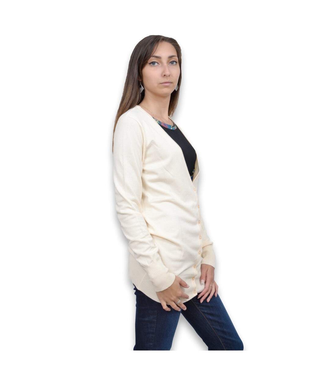 Gilet femme manches longues - Couleur blanc - Col en V-3