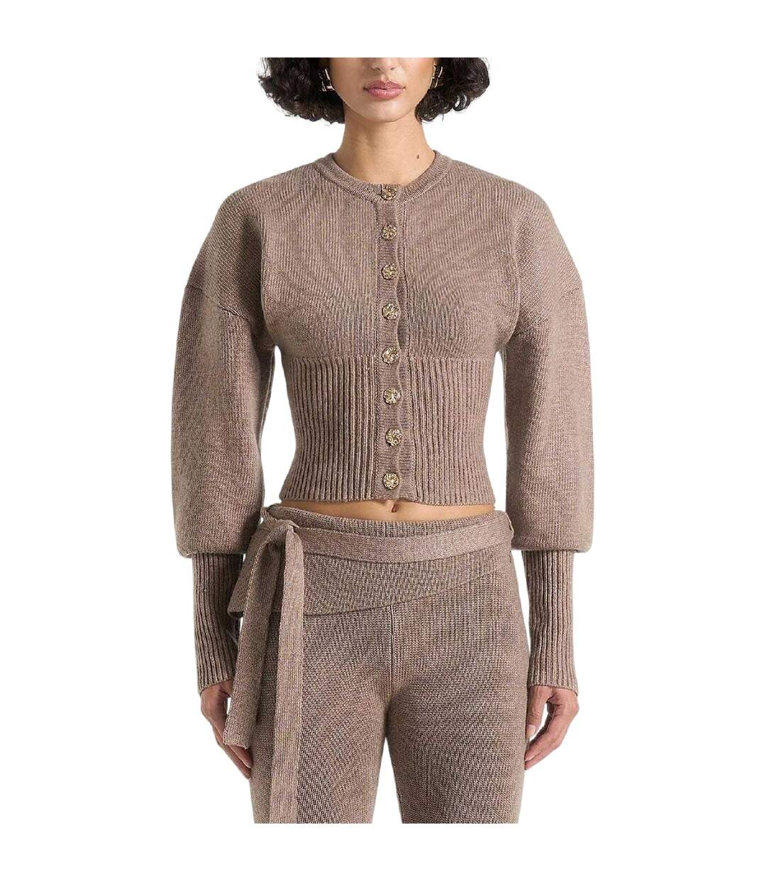 Womens/ladies Knitted Cinched Waist Cardigan Beige Maniere De Voir-1
