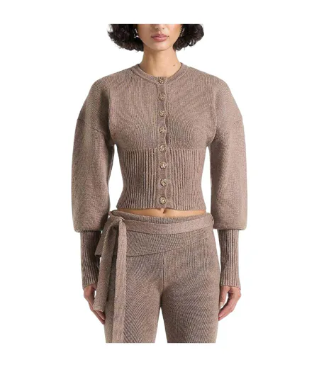 Womens/ladies Knitted Cinched Waist Cardigan Beige Maniere De Voir