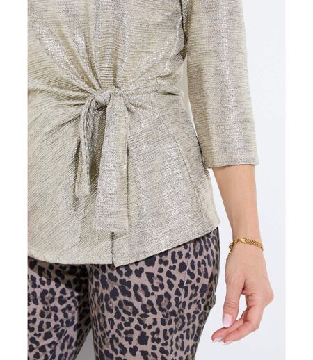 T-shirt long doré effet noué manches 3/4