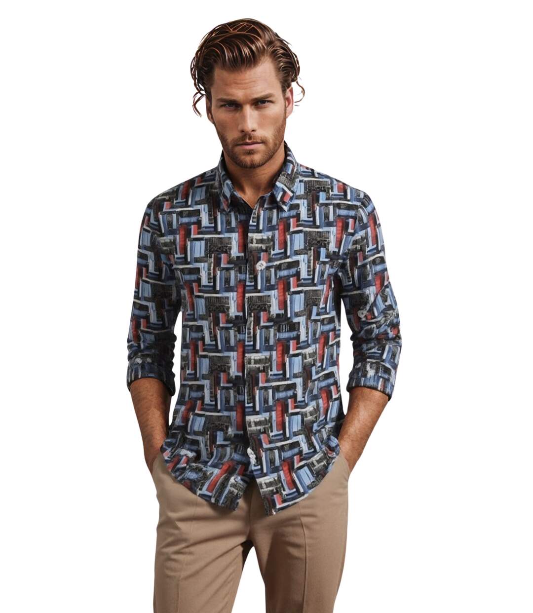Chemise à  manches longues homme en stretch motifs digital - Slim Fit-1