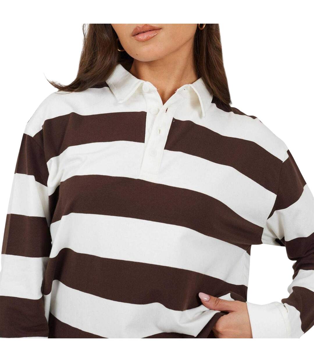 Haut De Rugby Manches Longues Motif/style Rayures Horizontales Femme Marron Crème Brave Soul-4