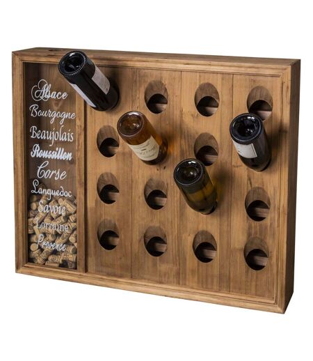 Range bouteilles mural en bois 16 bouteilles avec réserve bouchons