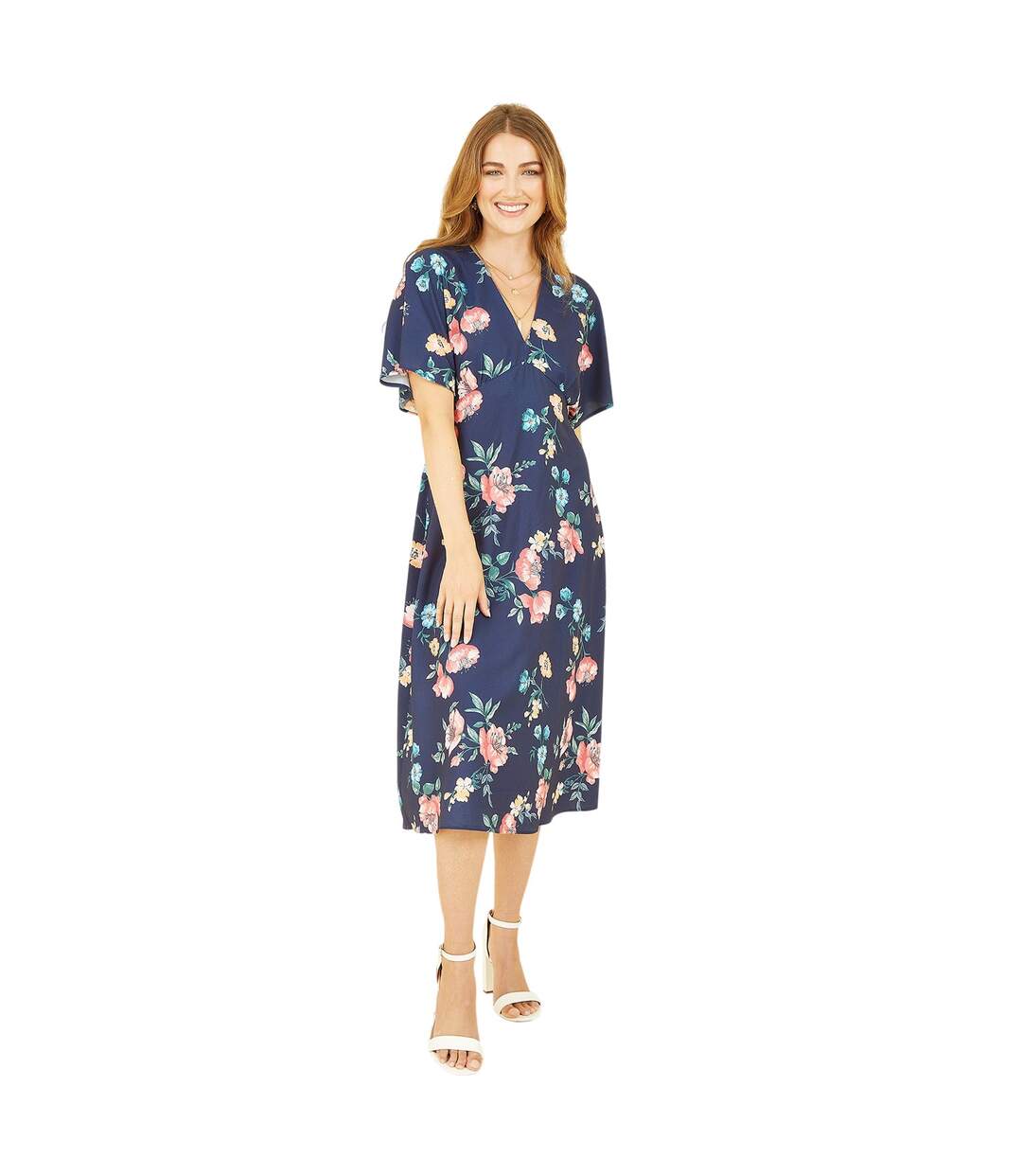 Robe Portefeuille Manches Style Kimono Motif/style Floral Femme Bleu Marine Yumi-4
