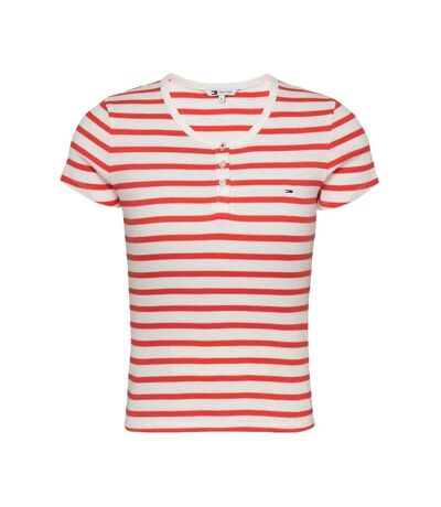T-Shirt rouge/blanc femme tommy hilfiger slim button - l