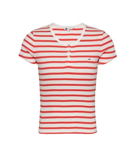 T-Shirt rouge/blanc femme tommy hilfiger slim button - l
